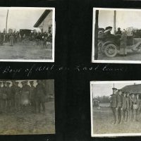 Four photographs of the Ethel Boys of the 161st Battalion on last leave. The four photographs are against a black background. The first two photos show several cars and carriages with people standing around them. The third and forth photos show the young men lined up in military uniforms.